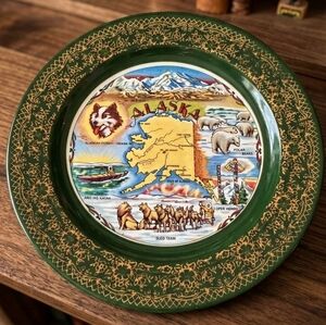 Vintage Homer Laughlin Alaska Souvenir Plate - Green & Gold Filigree
